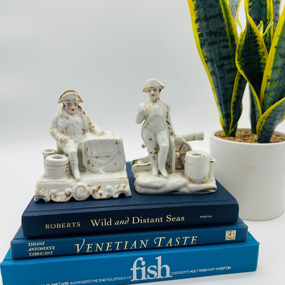 Vintage‎ French Porcelain Napoleon Military Figurines Gold Gilt Inkwell Set of 2